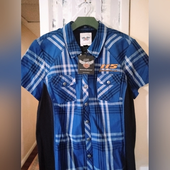 Harley-Davidson's 115th Anniversary Blue Plaid Women's Short-Sleeve Shirt XL NWT - Picture 2 of 9